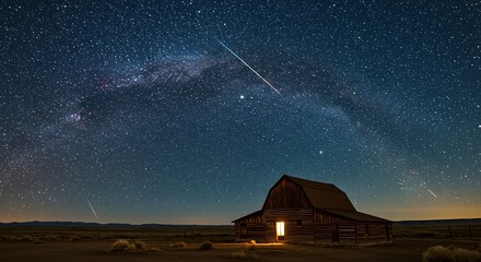 Rustic barn under a dazzling night sky with a meteor shower streaking across the Milky Way, creating a magical scene.