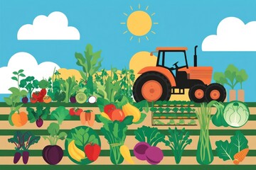 Vibrant Farm Fresh Produce & Tractor Illustration