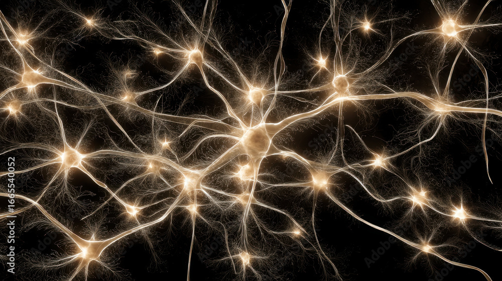 Poster neurons interconnected complex network, glowing softly against dark background, illustrating intrica