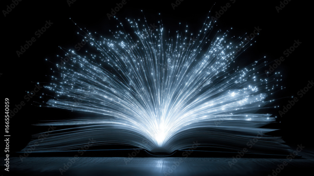 Poster open book emits dazzling display of light and sparkles, symbolizing knowledge and creativity. glowin