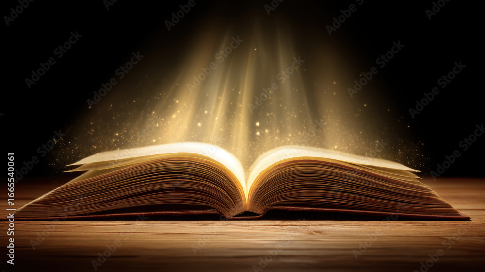 Aufkleber open book emits magical glow, surrounded by shimmering particles that create enchanting atmosphere. 