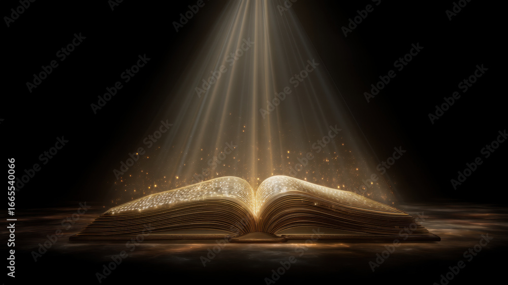 Poster glowing open book emits magical light, surrounded by sparkling particles in dark setting, creating e