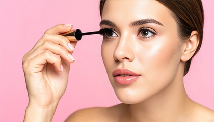Beautiful European young woman with fair white skin applying mascara onto her eyelashes, holding brush carefully, close-up shot on light pink background, beauty cosmetics and makeup concept