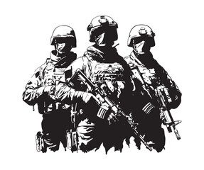 Military squad illustration in black and white EPS vector with rifles and armor