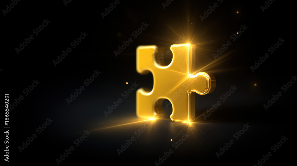Poster shiny golden puzzle piece glimmers against dark background, symbolizing connection and completion. i