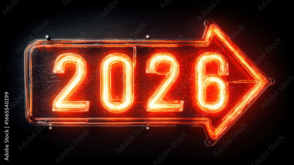 Poster bright neon sign displaying year 2026 with arrow pointing right, creating vibrant and modern look. t