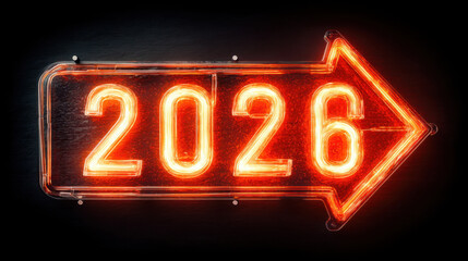 Bright neon sign displaying year 2026 with arrow pointing right, creating vibrant and modern look. This design symbolizes direction and future aspirations