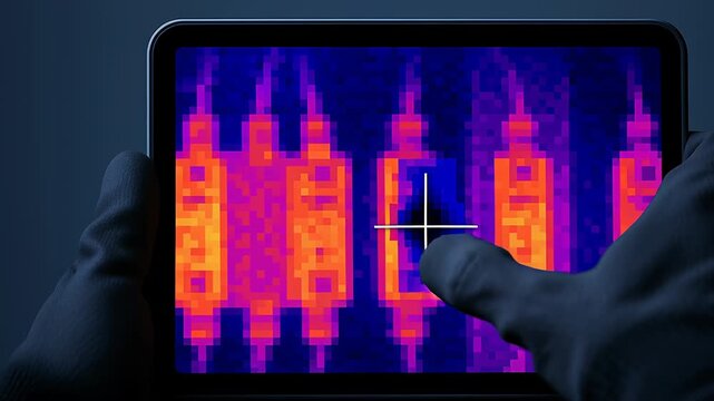 Thermal inspection detects heat patterns on electrical components to prevent power outage and ensure safety using handheld device in dark environment