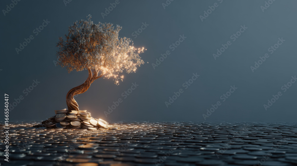 Poster Creative representation of tree made of coins, symbolizing growth and prosperity. tree is illuminated with sparkling lights, creating magical atmosphere