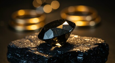A striking close-up of a black diamond atop raw coal with blurred gold rings in the background, a study in contrasts.
