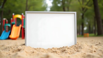 Display Mockup: Blank Whiteboard in the Sand with Playground Environment