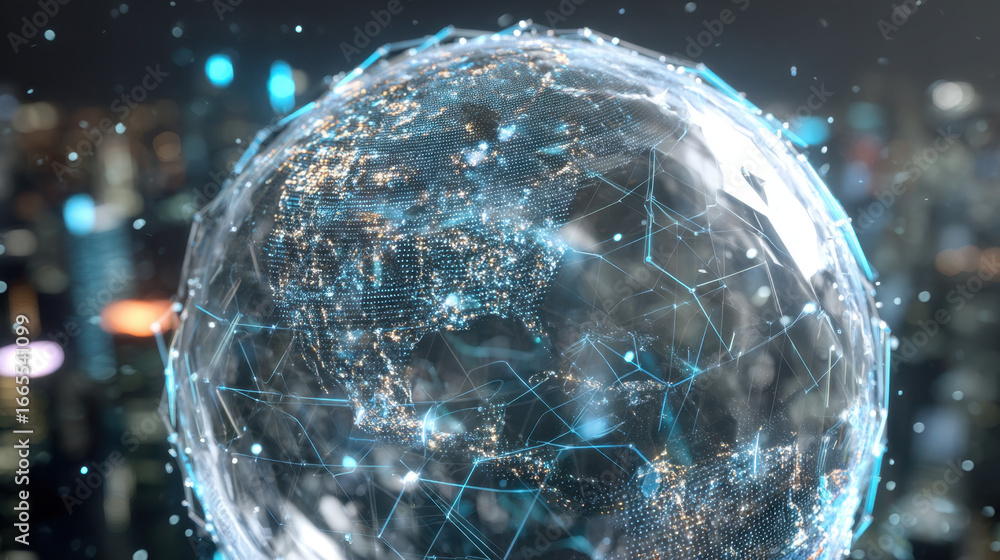 Poster digital globe representing global connectivity, illuminated with city lights and interconnected line