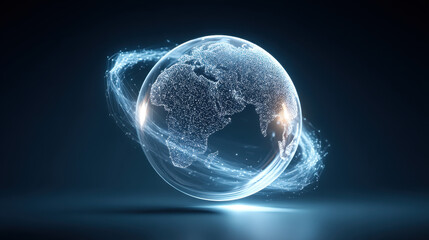 Glowing globe representing Earth, surrounded by swirling light trails, symbolizes global connectivity and technology. intricate details of continents are highlighted, creating captivating visual
