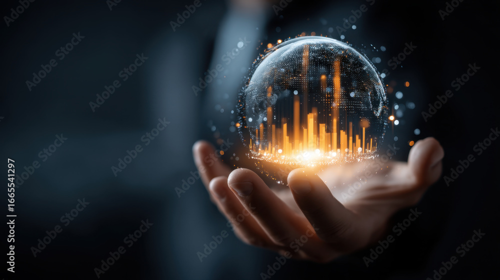 Poster person holds glowing sphere representing data visualization, with vibrant orange bars and sparkling 