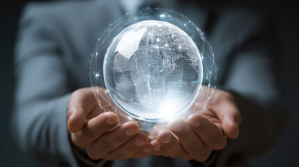 Person holds glowing globe representing Earth, surrounded by digital connections and light. This symbolizes global connectivity, technology, and innovation