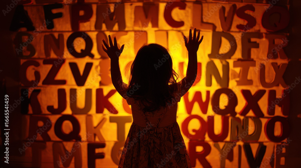 Poster child stands in front of colorful wall of letters, hands raised, creating sense of wonder and curios