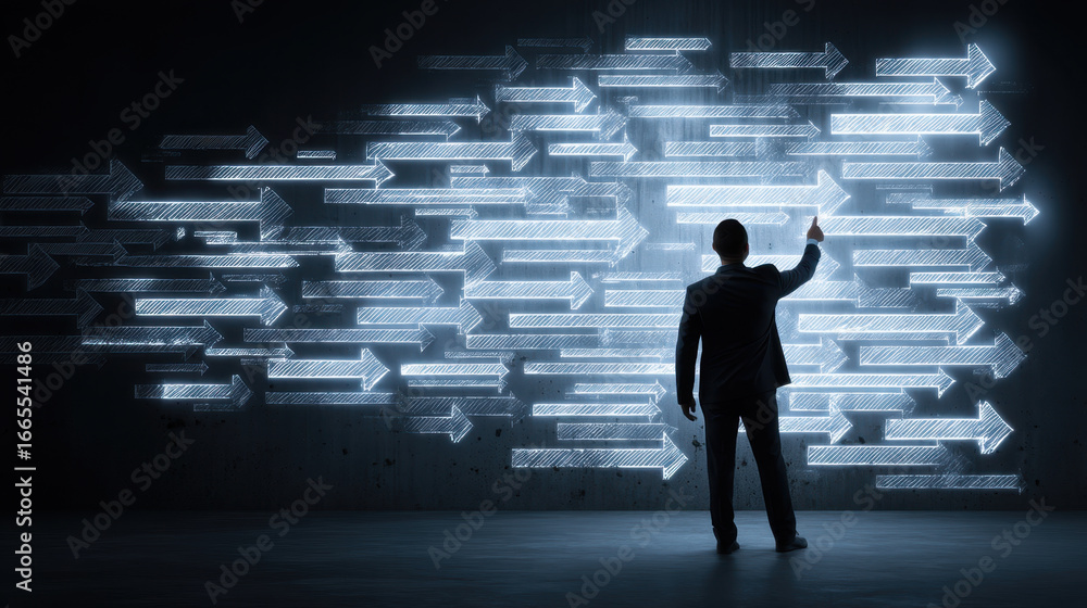 Poster businessman standing in front of illuminated arrows, symbolizing direction and progress in corporate