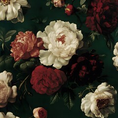 Dark Green Background Luxurious Red White Peonies Roses Floral Seamless Pattern