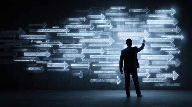 Businessman standing in front of illuminated arrows, symbolizing direction and progress in corporate environment. image conveys sense of determination and forward thinking
