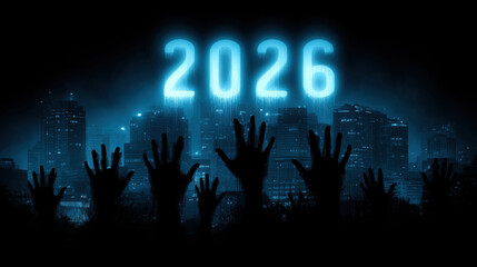 Futuristic city skyline with glowing numbers 2026 silhouetted hands reaching upward dark atmosphere urban landscape night scene digital art eerie vibe modern architecture neon lights dystopian