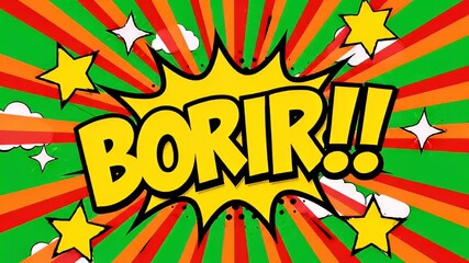 Comic style graphic with radial burst background in bold colors and shapes