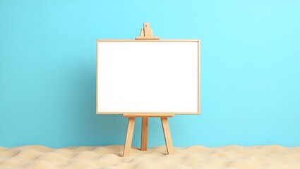 Display Mockup: Blank Whiteboard in the Sand with Blue Wall Background