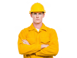 Construction worker safety helmet yellow uniform male serious expression arms crossed protective clothing adult isolated professional