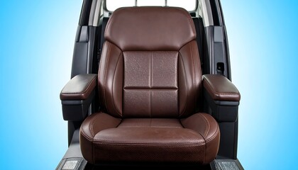 Naklejka premium A brown leather car seat, showcasing meticulous craftsmanship and a sophisticated design, is presented against a vibrant, light-blue backdrop.