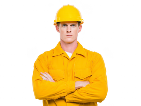 Construction worker safety helmet yellow uniform male serious expression arms crossed protective clothing adult isolated professional