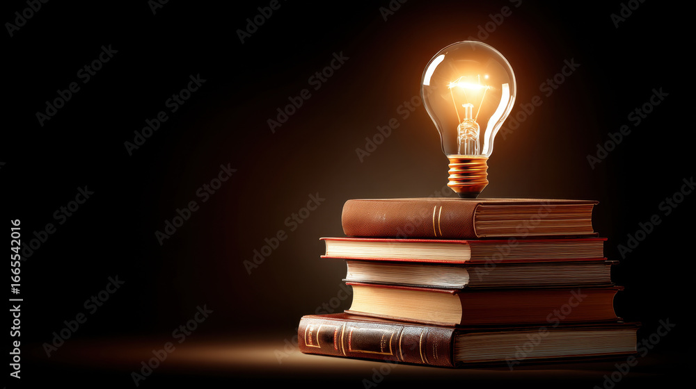 Poster stack of vintage books with glowing light bulb on top symbolizes knowledge and inspiration. warm lig