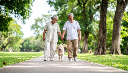 Elderly couple walking dog on park pathway surrounded by green trees and grass, enjoying peaceful outdoor activity and companionship on sunny day