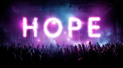 Vibrant concert scene with large illuminated sign spelling HOPE in bright pink lights, surrounded by enthusiastic crowd raising their hands in celebration and unity