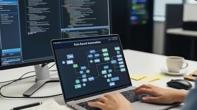 A person working on rule-based automation software at a modern office desk with code in the background