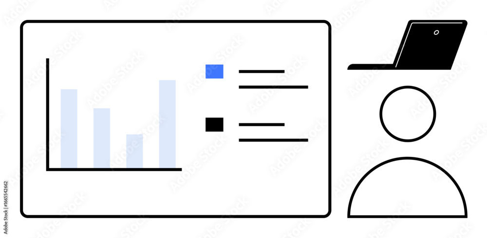 Aufkleber bar chart with data points next to person and laptop representing data analysis, planning, and teamw