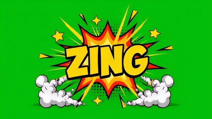 Comic explosion with burst effect featuring yellow text on green background