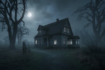 Spooky haunted house on a foggy halloween night under a full moon