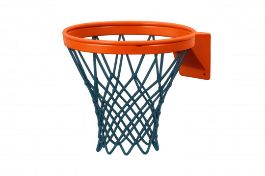 Basketball hoop rendering with orange rim, blue net, floating against transparent backdrop, highlighting sporting equipment design