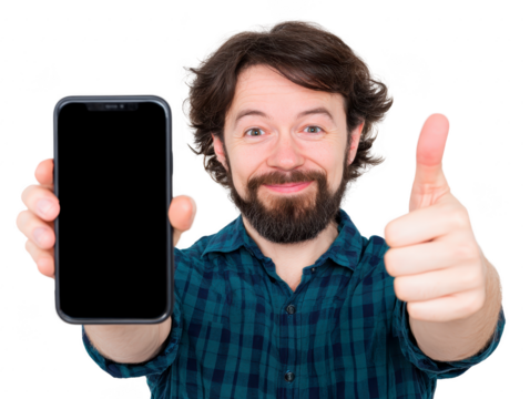 Smiling man holding smartphone with blank screen and giving thumbs up, wearing blue plaid shirt, isolated on transparency background, cheerful expression, technology concept