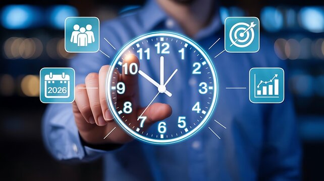 Person Interacting with a Digital Clock and Business Concept Icons on a Dark Background 