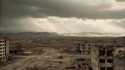 Abandoned destroyed city in apocalyptic wasteland concept. A desolate landscape showcasing abandoned buildings under dark clouds.