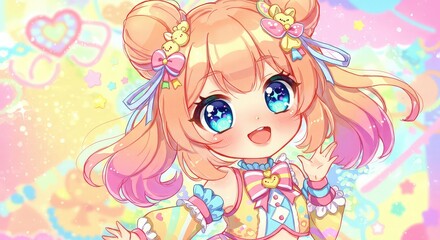 Chibi anime girl with pastel colors, big eyes, and cute outfit on a colorful background.