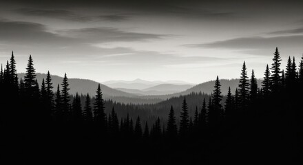 Black and White Mountain Forest Landscape with Layered Hills and Dense Trees
