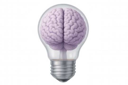 Light bulb containing growing brain symbolizing ideas, innovation, and creativity, on a transparent background