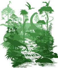 vector river in rainforest jungle with dinosaurs