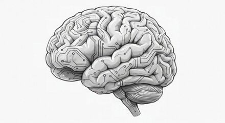 Detailed grayscale illustration of a human brain overlaid with digital circuit patterns.