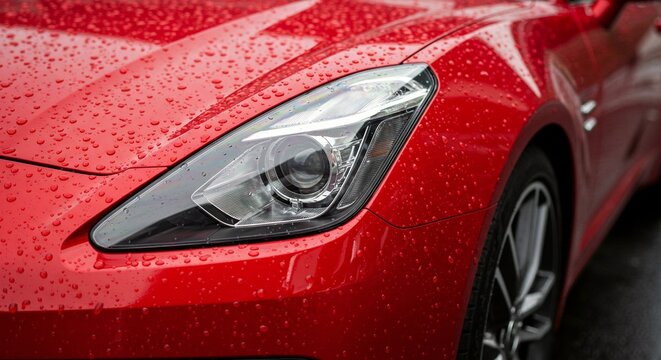 Close-up of a modern red car with water droplets on its surface, showcasing its sleek headlight and design elements.