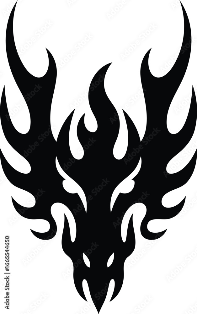 Poster stylized tribal phoenix bird symbol with bold black ink lines and sharp edges creating a visually st