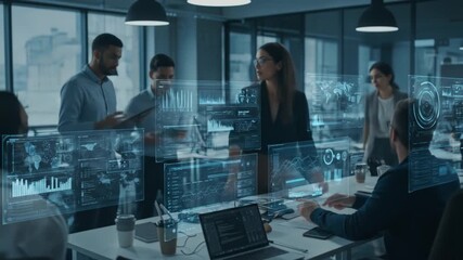 Group in a modern office interacts with projected advanced data visualizations engaging in a collaborative technological workspace - Powered by Adobe