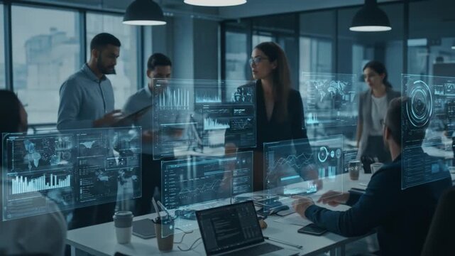 Group in a modern office interacts with projected advanced data visualizations engaging in a collaborative technological workspace