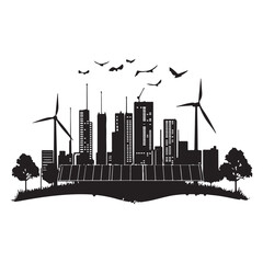Obraz premium Eco-friendly silhouette vector with renewable energy theme, wind turbines, solar-powered buildings, grassy hill foreground and flying birds, clean bold EPS illustration 